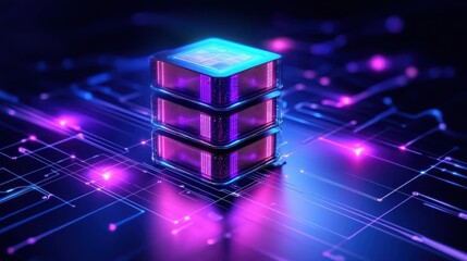 Poster - Futuristic Data Server with Glowing Circuitry and Neon Lights