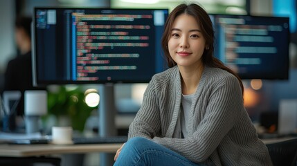 senior female software developer working at a tech hub in a modern office layout