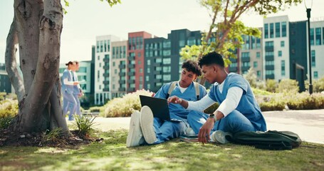 Fototapete - Students, doctors and internship with people and laptop in outdoor for learning, healthcare resident and scholarship. Medical, university and assignment with friends at teaching hospital for studying