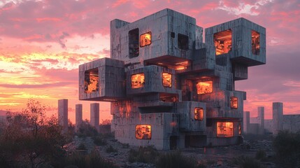 Aufkleber - Modern brutalist architecture a bold interlocking design amidst a desolate landscape at sunset