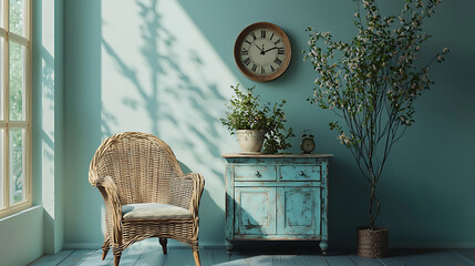 Wall Mural - A blue room with a wicker chair and a clock on the wall