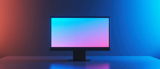 A computer monitor is sitting on a desk with a blue background