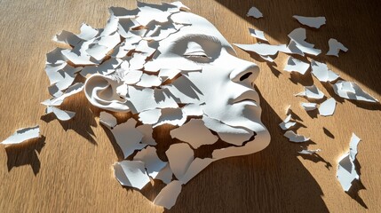 Poster - Close-up of a human face sculpture made from torn paper fragments in a creative artistic studio environment