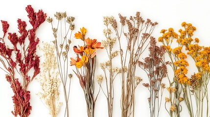 Canvas Print - Colorful dried flowers arranged on white background.