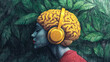 © NUTH STUDIO - Close-up girl with a yellow brain wearing headphones on a green leave background. Generative AI.