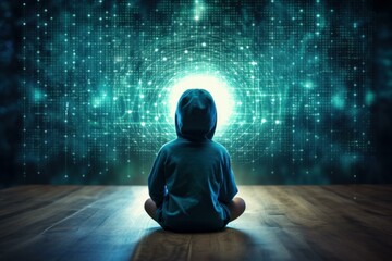 Wall Mural - young person in a hooded sweatshirt sitting on a wooden floor, observing a vibrant data visualizatio