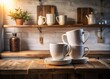 © prapatsorn - Surreal Stacked Porcelain Mugs: Home Kitchen Lifestyle Photography