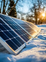 Wall Mural - A solar panel covered in snow, glistening in the sunlight amidst a winter landscape, showcasing renewable energy in cold weather.