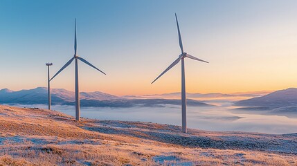 Wall Mural - Wind turbines stand majestically against a winter sunrise, surrounded by snow-covered hills and misty valleys, symbolizing renewable energy and nature's beauty.