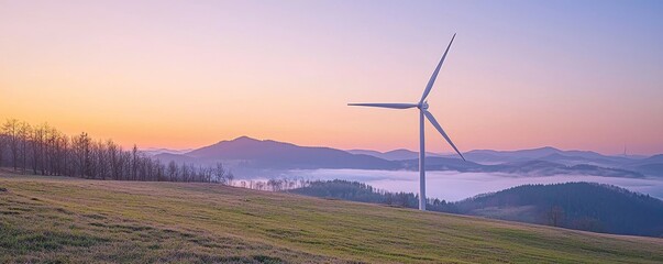 Wall Mural - A serene landscape featuring a wind turbine against a pastel-colored sky, with rolling hills and a misty valley.