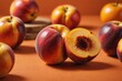 © ThomasLENNE - Close view of a nectarine raw ingredient on orange blurred background. Colorful Studio shot, harsh light.
