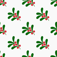 Wall Mural - christmas mistletoe plant symbol seamless pattern. holly berries wrapping paper design. vector illus