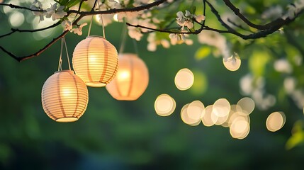 Canvas Print - Illuminated paper lanterns hanging from blossoming tree branches at dusk.