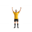 © Kamonwan - Energetic soccer player celebrating victory with raised arms in yellow uniform., isolated on a transparent background.