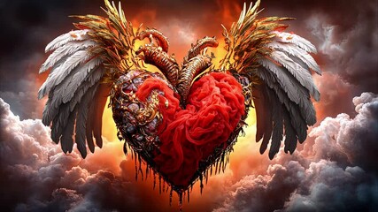 Canvas Print - A fiery heart adorned with white feathered wings and intricate gothic details, set against a dark background, exuding intensity and mystique