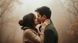 © Bay - A loving couple shares their first kiss in a serene forest on Valentine's Day, enveloped by a gentle mist and surrounded by golden autumn leaves, capturing a moment of pure joy