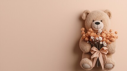 Wall Mural - Teddy bear decorative romantic Cute teddy bear holding flowers against a soft beige background.