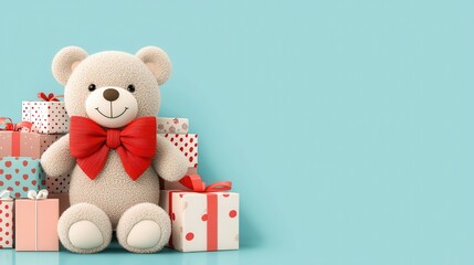 Wall Mural - Teddy bear decorative romantic Teddy bear with red bow surrounded by colorful gift boxes on a teal background.