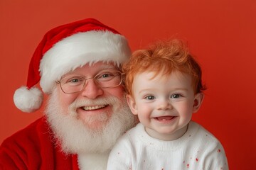 Wall Mural - Lively festive time season, pretty toddler boy! copyspace. Isolated white toddler boy in festive knee on red background. Cute santa kid portrait. Santa red lap photo. Cute family christmas.