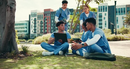 Fototapete - College, doctors and internship with people and laptop in outdoor for learning, healthcare resident and scholarship. Medical, university and assignment with friends at teaching hospital for studying