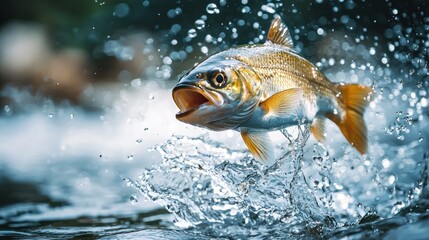 Wall Mural - Close-up of a fish breaking the water's surface, captured mid-jump with water splashing