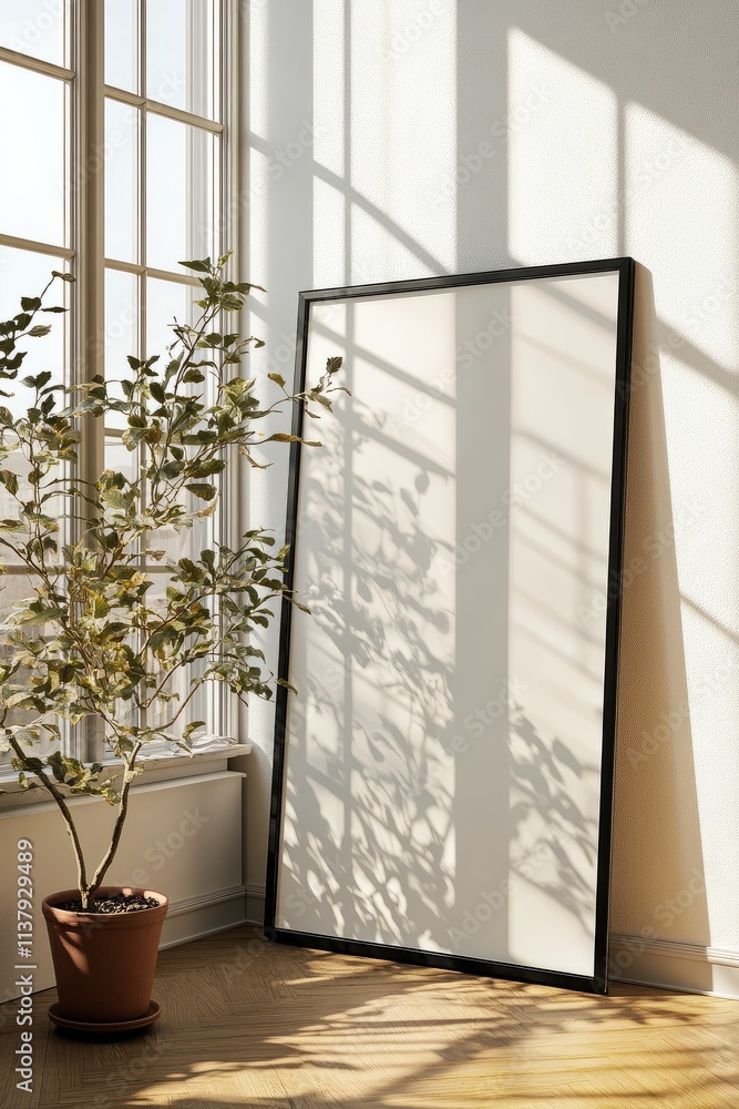 Mockup of black frame leaning against white wall with bright light and ...