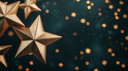 Wall Mural - A collection of golden stars against a dark, shimmering background filled with glowing bokeh, creating a festive and magical atmosphere.