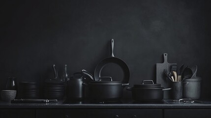 Dark and moody kitchen backdrop featuring a collection of cast iron cookware. The matte black finish of the pots and pans creates a striking contrast against the dark background