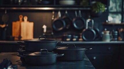 Dark and moody kitchen backdrop featuring a collection of cast iron cookware. The matte black finish of the pots and pans creates a striking contrast against the dark background