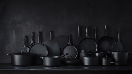 Dark and moody kitchen backdrop featuring a collection of cast iron cookware. The matte black finish of the pots and pans creates a striking contrast against the dark background