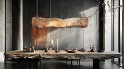 Wall Mural - Rustic dining room with log table and pendant light.