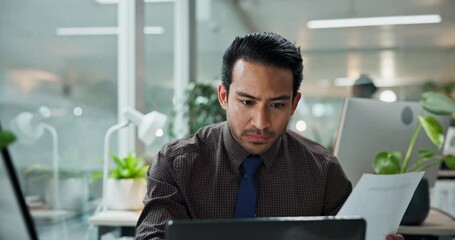 Poster - Document, accountant and business man on laptop with sales revenue, reading report and savings. Computer, paperwork and auditor check information, profit comparison or financial bookkeeping in office