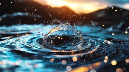 Wall Mural - stunning close-up of a water droplet splashing in a calm lake at sunset with beautiful bokeh effect 
