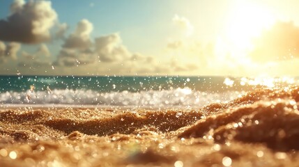Wall Mural - serene beach scene at sunset with soft waves, glittering water drops, and a colorful sky capturing t