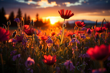 red poppy field at sunset