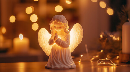 Wall Mural - Angel figurine with lights in a cozy Christmas setting.