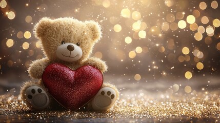 Wall Mural - A cute teddy bear holding a glittery heart, set against a sparkling background.