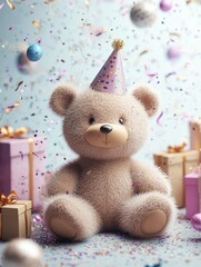 Wall Mural - A cute teddy bear in a party hat surrounded by colorful confetti and gifts.