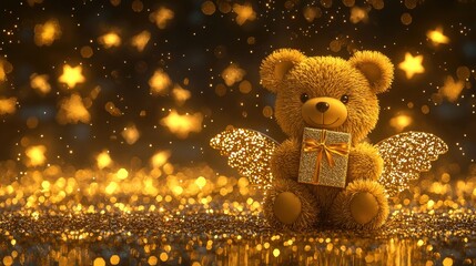 Wall Mural - A cute teddy bear with wings holding a gift amidst a sparkling background of stars.