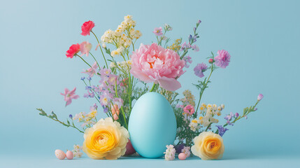 Wall Mural - Elegant pastel blue Easter egg with vibrant spring flowers on a soft blue background