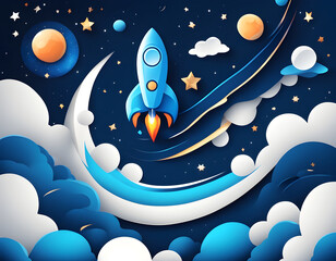 Canvas Print - space galaxy with cartoon rocket leaving white trail paper cut style vector illustration background