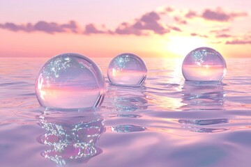 Wall Mural - Transparent spheres floating on water, each sphere reflecting the soft pastel hues of the sunrise over calm waters, creating an ethereal and dreamy atmosphere