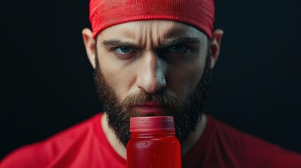 A focused athlete with a determined expression holds a red sports bottle, wearing a red headband against a dark background.