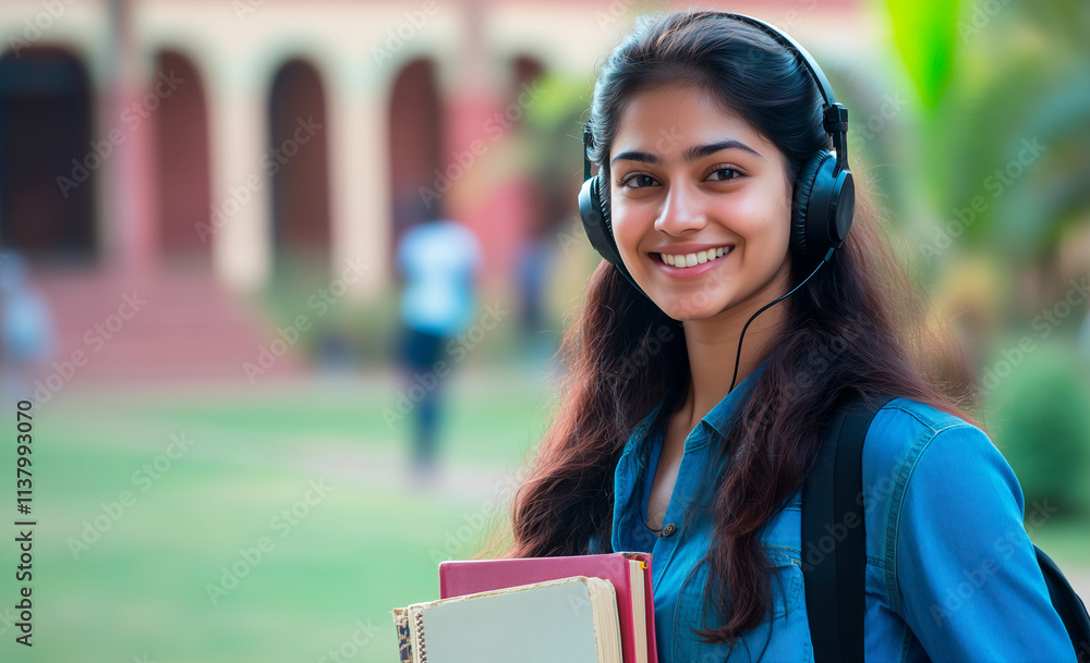 Young female student wearing headphones and carrying books smiles ...