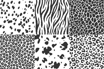 A collection of black and white animal skin seamless patterns. Dalmatian fur, zebra stripes, giraffe, cow, leopard, cheetah or jaguar spots. Safari style textures for fashion, textiles, graphic design