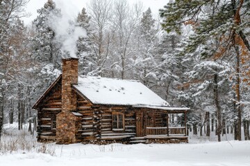 Charming rustic log cabin retreat in snowy woods real estate listing cozy winter escape serene nature environment picturesque viewpoint captivating home concept