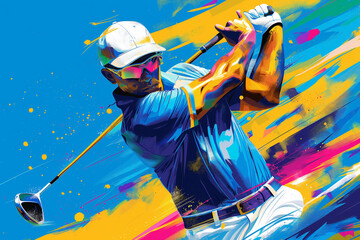abstract illustration of a golfer in action with full of energy against a vibrant color. concept ill