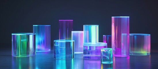 Iridescent glass cylinders on dark background.