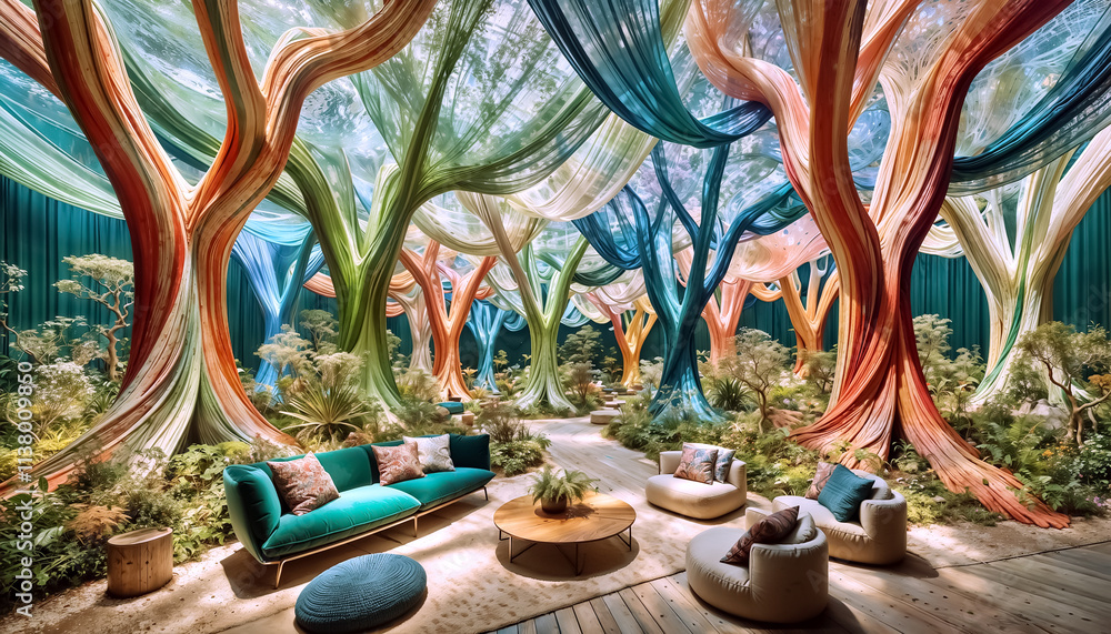 Aurora-Inspired Fabric Trees for Interior Design in a Surreal Drawing ...
