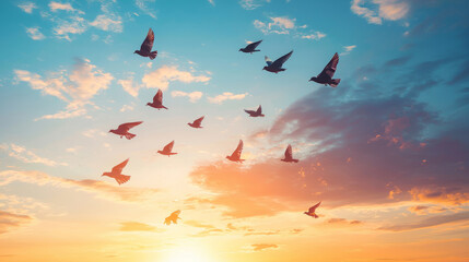 Sticker - Silhouette of bird flock flying at sunset with colorful sky